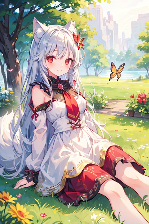 masterpiece,Highest quality, One girl, alone, smile, smile, cherry, Spotting of sunlight, butterfly, Grass animal ears,Wolf Year,Long Hair, tail, wolf tail, Red eyes, Wolf Girl,Silver Hair,