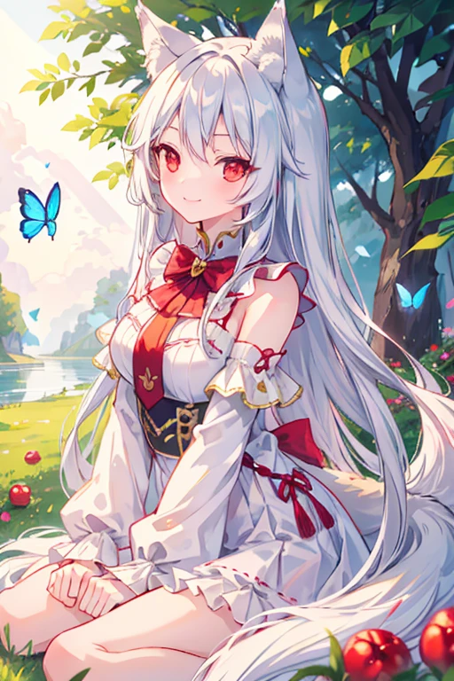 masterpiece,Highest quality, One girl, alone, smile, smile, cherry, Spotting of sunlight, butterfly, Grass animal ears,Wolf Year,Long Hair, tail, wolf tail, Red eyes, Wolf Girl,Silver Hair,