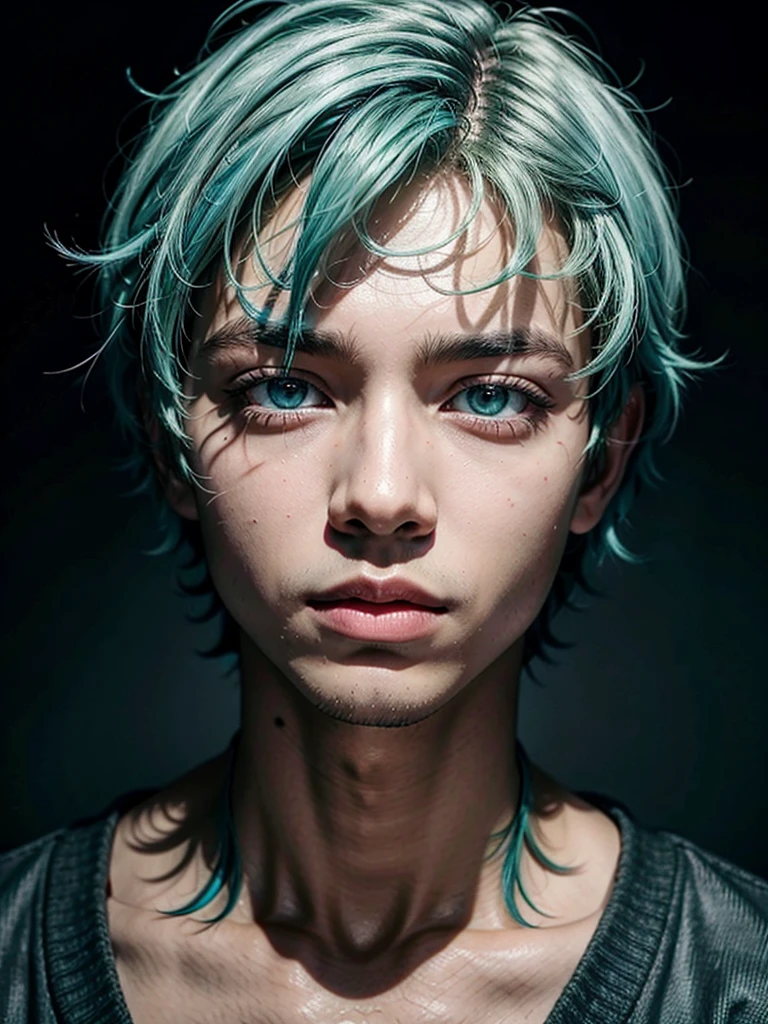 Black boy with light blue hair and green eyes