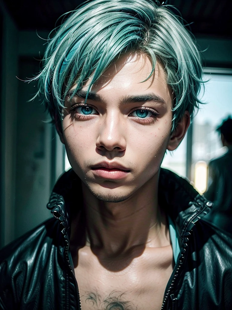 Black boy with light blue hair and green eyes