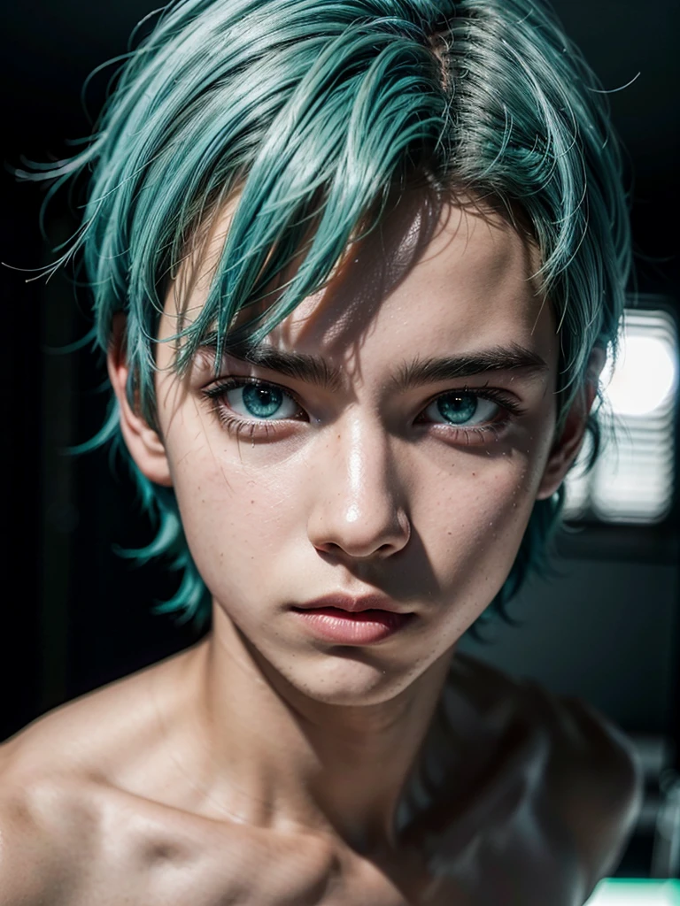 Black boy with light blue hair and green eyes