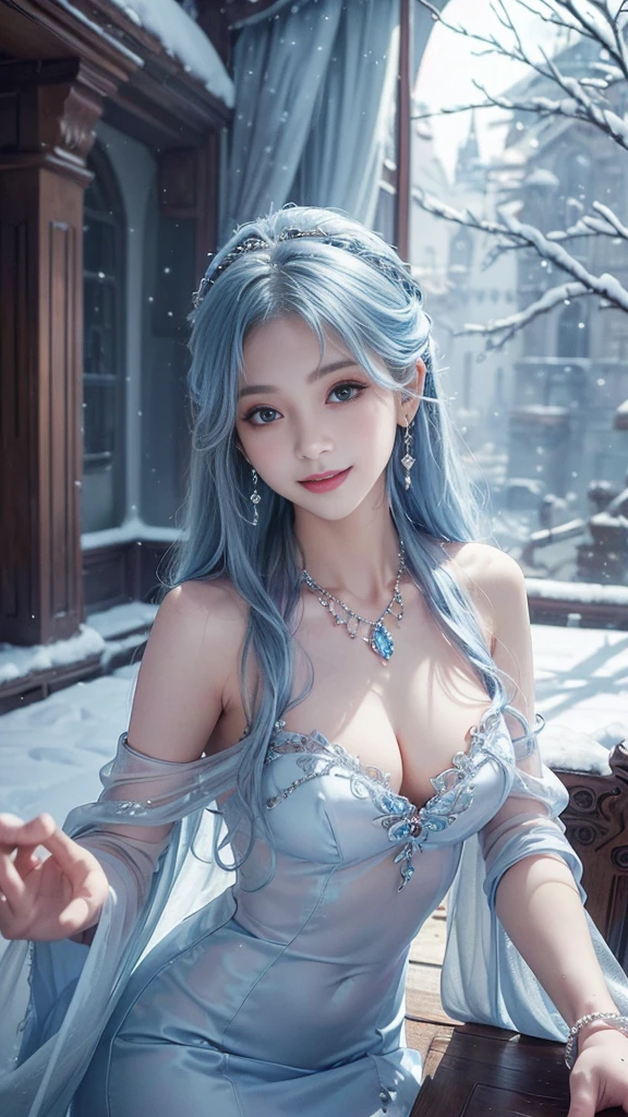 (Reality, best quality, 8k Masterpiece,high resolution), 23 years old,1 female, fantasy, (sexy mini dress、transparent shawl、Elegant earrings、Necklace), Beautiful Skin, (Looking at the camera:1.2) , (Long hair:1.2, , Light blue hair, (Sly smile:1.3,Face turns red:1.3),(The chest is moderate:1.3),(Sexy pose:1.5),(Snow Scene:1.1,wonderland,castle),(slim:1.2),(Delicate and perfect face)