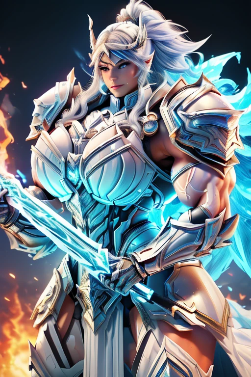 (((Massive, tall, beautiful, buff, muscular, pale white skinned female Valkyrie with cyan hair, ginormous bulky muscles, holding a fire sword and wearing an all cyan gleaming Valkyrie armor and pleated skirt))), ((close-up)), black eyeliner, massive muscles, massive biceps, hyper muscle triceps, (long beachy hair), purple eyes, valkyrie boots, In heaven, steel Valkyrie armor, armor breastplate, nighttime, confident smile, (hyper muscles arms), hyper muscle legs, (ginormous arms)