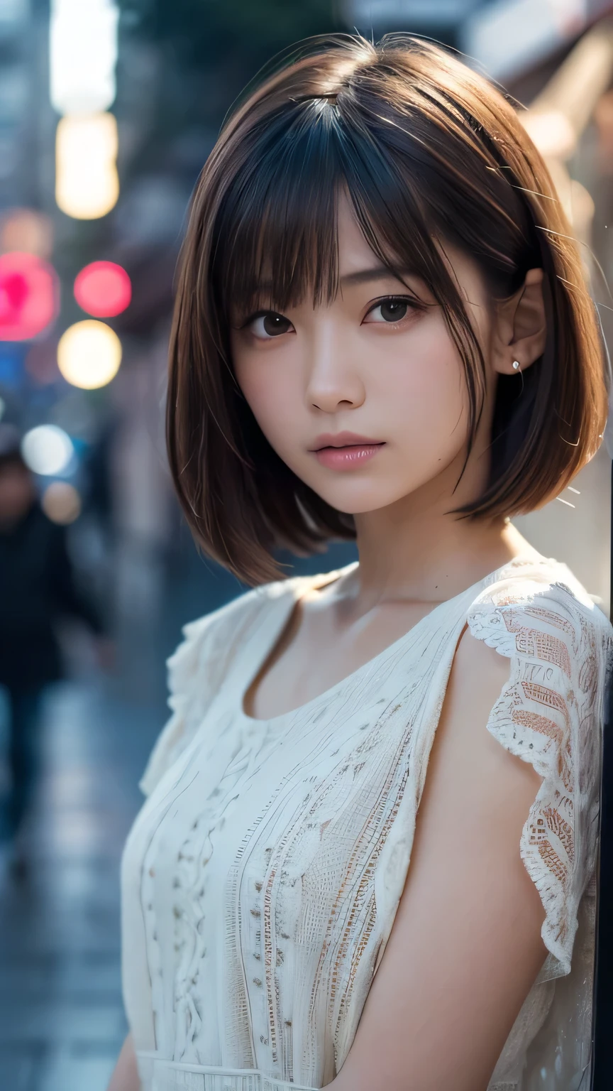 (Ultra-realistic), (figure), (High resolution), (8k), (Very detailed), (Best figure), (Beautiful and detailed), (Highest quality), (Super detailed), (masterpiece), (wallpaper), (Detailed face), alone, One Girl, watching viewer, Trendy clothes,Less exposure、Fine details, Detailed face, In the Dark, Deep Shadow, Modest, Pure Erotic Face Ace_v1, cool, short hair, Pointed diagonal bangs,Aoyama Street