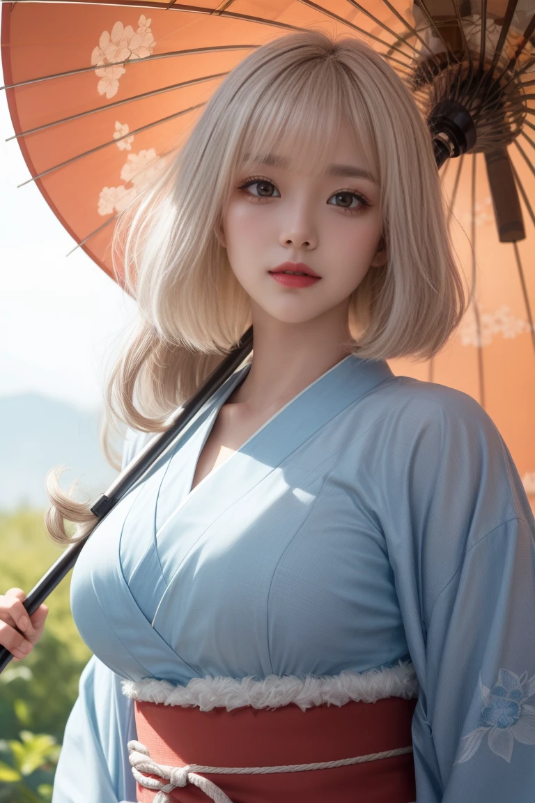 reflected light、Platinum blonde hair with dazzling highlights、Shiny Hair、beautiful shiny bangs、bright, clear, Charm, large blue eye、A very beautiful, adorable and cute 16 year old girl.、Ample Bust、Beautiful detailed eye、 Beautifully detailed nose,((whole body:1.5)),eyeを強調するメイク、Scattered beneath the surface、Glamorous details、Nature background、Super huge breasts、((Cinematic))、(Loose and fluffy perm:1.4)、1 girl、((Bob Hair:1.3))、超Genuineな8K CG、絵に描いたようなperfectionなperfectionな顔、perfection、clean、masterpiece、Professional artwork、 Famous works of art、perfectionな顔、Beautiful Face、美しいeyeのない女性の体))、alone、(Immersive atmosphere、Claire Obscure:1.5、bright light:1.2、bright lighting)、(blush:0.5)、Captivating look、Very detailed_eye、Beautifully detailed backgrounds、Written boundary depth、Genuine:1.3、Long Shot、whole body、(Zhou Haoguang:1.3)、(Cinematic composition:1.3)、(Puffy eye:1.2)、(Slim legs)、(Light on face and chest)、(((((Underbust)))))、Under the chest、Oily skin、thin、 Mature Woman、Light blue hair、((bright灰色の髪))、(((Two-tone hair)))、Slender women、Cute Woman、 8K Ultra HD,Detailed face、Delicate texture, ((Japanese clothing style))、((Girl in kimono))、((A girl holding an umbrella))、((Wear a Japan kimono))、(At dusk)、(shrine)、Holding an umbrella、(Kimono Beauty)、It's very interesting