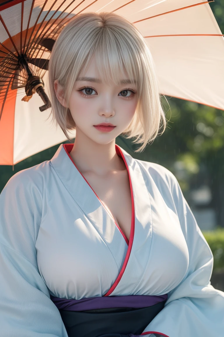 reflected light、Platinum blonde hair with dazzling highlights、Shiny Hair、beautiful shiny bangs、bright, clear, Charm, large blue eye、A very beautiful, adorable and cute 16 year old girl.、Ample Bust、Beautiful detailed eye、 Beautifully detailed nose,((whole body:1.5)),eyeを強調するメイク、Scattered beneath the surface、Glamorous details、Nature background、Super huge breasts、((Cinematic))、(Loose and fluffy perm:1.4)、1 girl、((Bob Hair:1.3))、超Genuineな8K CG、絵に描いたようなperfectionなperfectionな顔、perfection、clean、masterpiece、Professional artwork、 Famous works of art、perfectionな顔、Beautiful Face、美しいeyeのない女性の体))、alone、(Immersive atmosphere、Claire Obscure:1.5、bright light:1.2、bright lighting)、(blush:0.5)、Captivating look、Very detailed_eye、Beautifully detailed backgrounds、Written boundary depth、Genuine:1.3、Long Shot、whole body、(Zhou Haoguang:1.3)、(Cinematic composition:1.3)、(Puffy eye:1.2)、(Slim legs)、(Light on face and chest)、(((((Underbust)))))、Under the chest、Oily skin、thin、 Mature Woman、Light blue hair、((bright灰色の髪))、(((Two-tone hair)))、Slender women、Cute Woman、 8K Ultra HD,Detailed face、Delicate texture, ((Japanese clothing style))、((Girl in kimono))、((A girl holding an umbrella))、((Wear a Japan kimono))、(At dusk)、(shrine)、Holding an umbrella、(Kimono Beauty)、It&#39;s very interesting