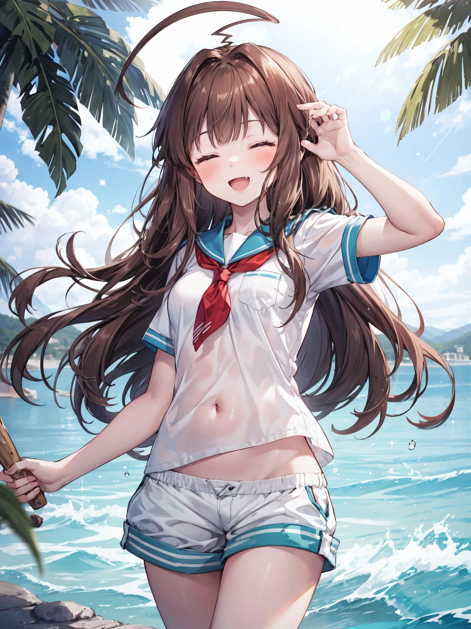 ung_teeirl, brown_hair, long_hair, sailor_uniform,white_ baggy_shorts, short_sleeve, thighs, small_breasts, big_smile, open_mouth, fang, harbor_landscape_background, slightly_spread_legs, happiness, covered_crotch,ahoge,XD,exciting_posing,closed_eyes