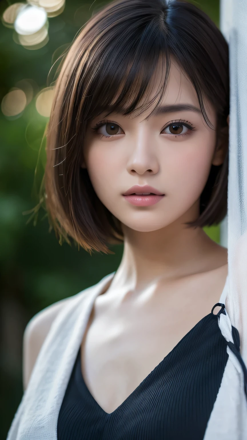 ((Realistic lighting, Best quality, 8K, Masterpiece: 1.3)), Clear focus: 1.2, 1girl, Perfect beauty: 1.4, Slim abs: 1.1, ((Dark brown hair)), (White crop top: 1.4), (Outdoor, Night: 1.1), Park view, Super fine face, Fine eyes, Double eyelids,