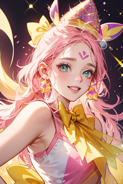 A pink gummy girl bear with a excited squinting expression. She is covered with glitter all around. On her forehead are yellow, dark pink, teal, and orange sprinkles. She has no left ear and is replaced with a yellow zigzag designed party hat, adorned with a light pink bow. SPARKLE; GLITTER