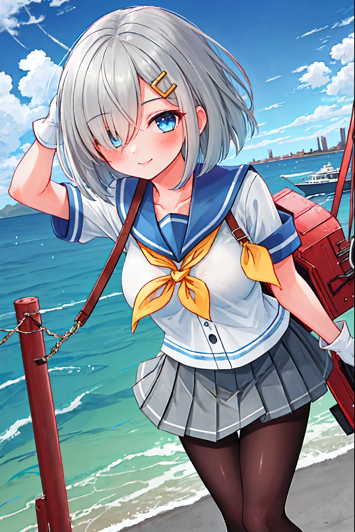 best quality, masterpiece, highres, solo, {hamakaze_kantaicollection:0.90}, 1girl, black_pantyhose, pleated_skirt, serafuku, short_sleeves, simple_background, white_background, yellow_neckerchief, white_gloves, looking_at_viewer, grey_skirt, blush, eyes_visible_through_hair, blue_sailor_collar, dynamic_posing,long_bangs,hair_over_one_eye,harbor_school_landscape_background,outdoor,smile,