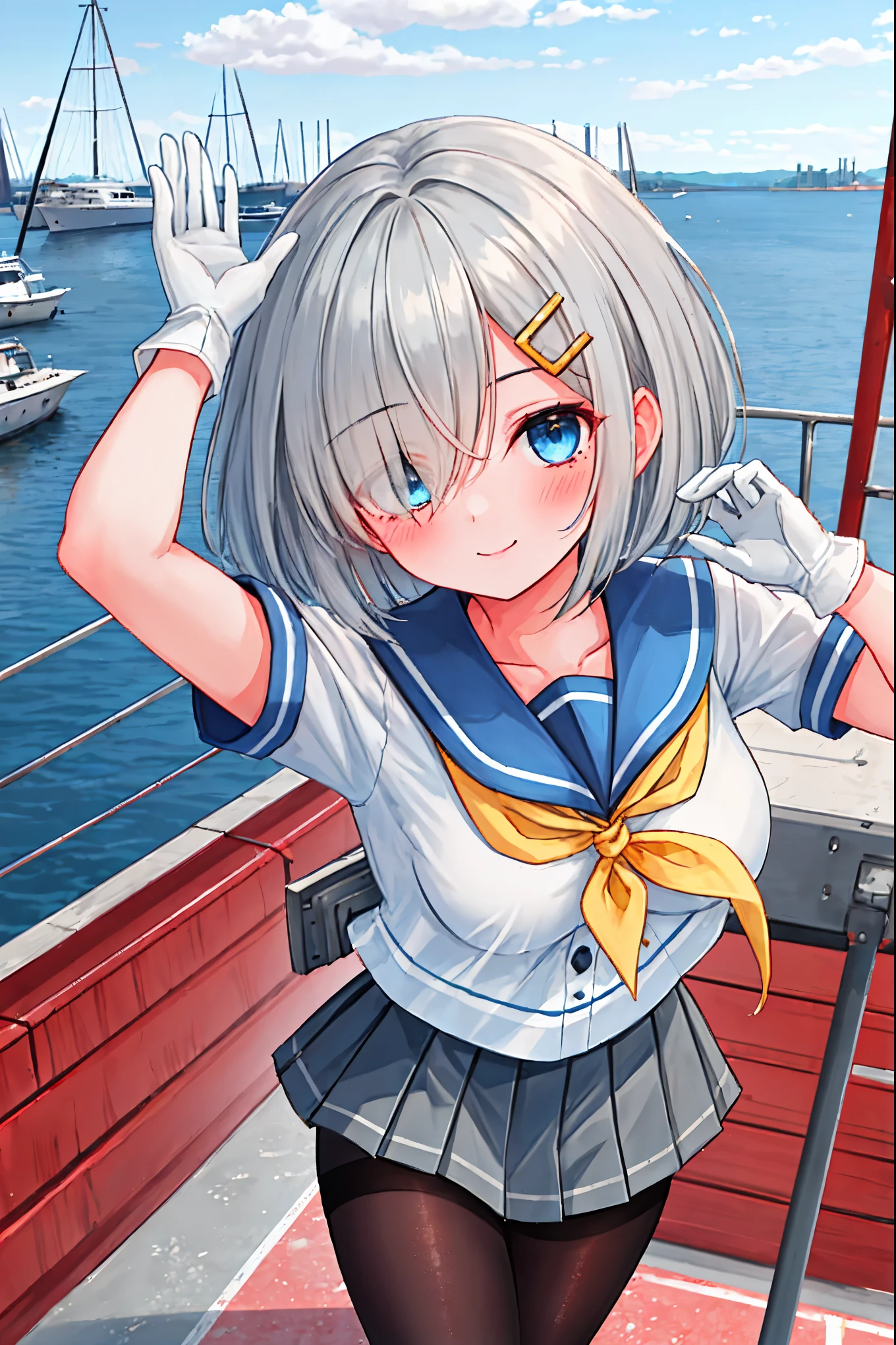 best quality, masterpiece, highres, solo, {hamakaze_kantaicollection:0.90}, 1girl, black_pantyhose, pleated_skirt, serafuku, short_sleeves, simple_background, white_background, yellow_neckerchief, white_gloves, looking_at_viewer, grey_skirt, blush, eyes_visible_through_hair, blue_sailor_collar, dynamic_posing,long_bangs,hair_over_one_eye,harbor_school_landscape_background,outdoor,smile,