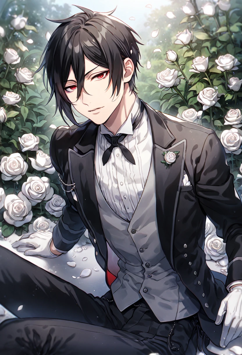 Ultra detailed, Highres, absurdres, HDR, master piece, best quality, Sebastian Michaelis, black hair, expressive red eyes, black jacket, grey vest, white shirt, Kuroshitsuji, sexy man sitting, white petals, white roses, garden, handsome, sensual, white gloves, Black Butler, black pants