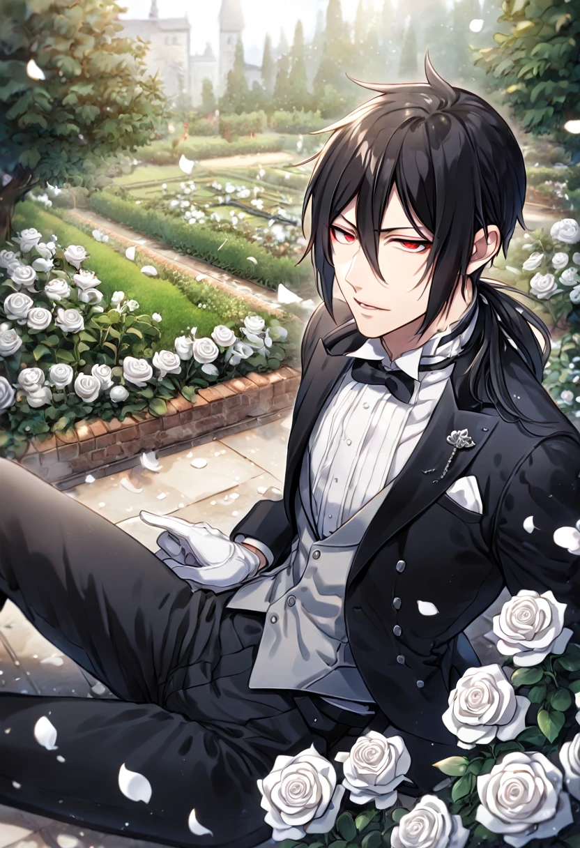 Ultra detailed, Highres, absurdres, HDR, master piece, best quality, Sebastian Michaelis, black hair, expressive red eyes, black jacket, grey vest, white shirt, Kuroshitsuji, sexy man sitting, white petals, white roses, garden, handsome, sensual, white gloves, Black Butler, black pants