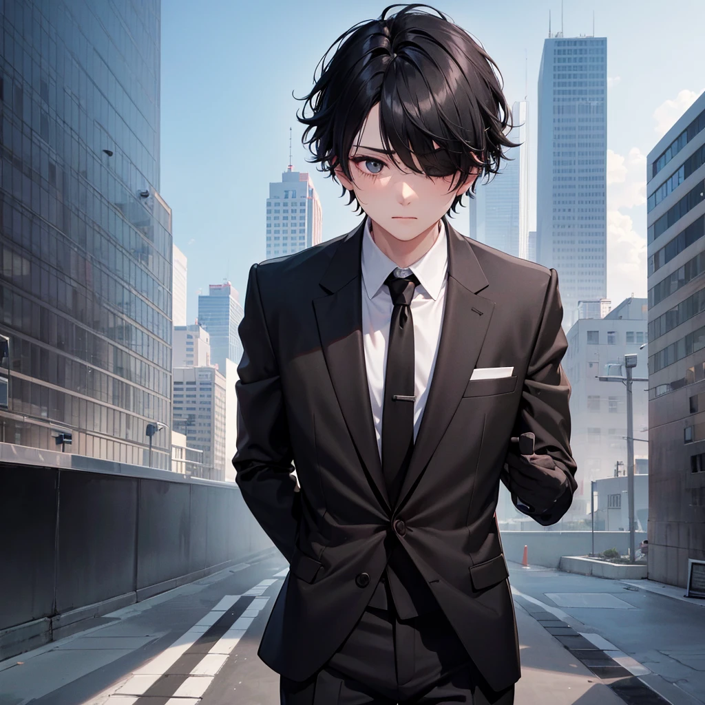 1boy, black hair, blindfolded, wearing all black suits, on top of a building, crying, high res, ultrasharp, 8k, masterpiece, looking at viewer from behind