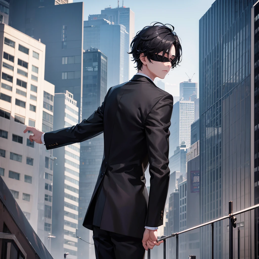 1boy, black hair, blindfolded, wearing all black suits, on top of a building, crying, high res, ultrasharp, 8k, masterpiece, looking at viewer from behind