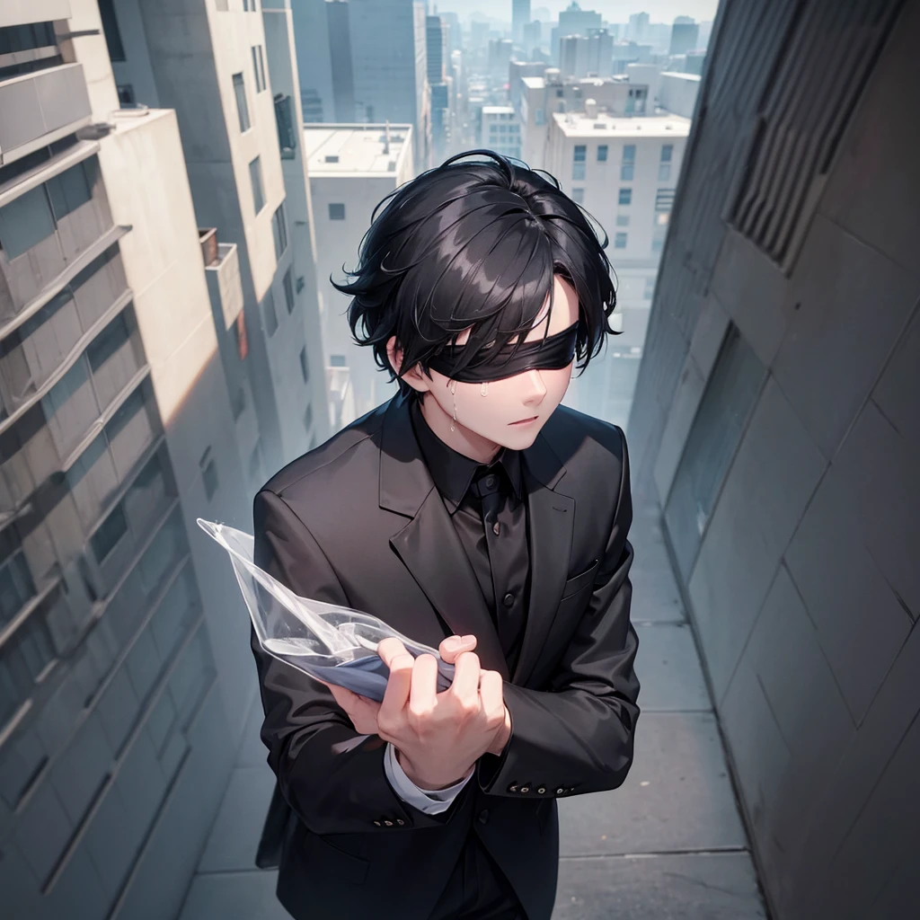 1boy, black hair, blindfolded, wearing all black suits, on top of a building, crying, high res, ultrasharp, 8k, masterpiece, looking at viewer from behind