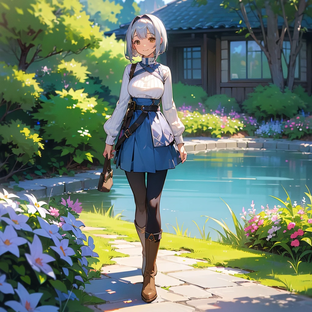 (high quality, High resolution, Very detailed, reality:1.37), Peaceful atmosphere, (Outdoor, garden), Teenage girl standing alone, (my breasts are big.), Beautiful details, Cute Smile, (Silver Hair Bob Hair), Ribbed sweater, Blue Skirt, Black tights, Brown boots.