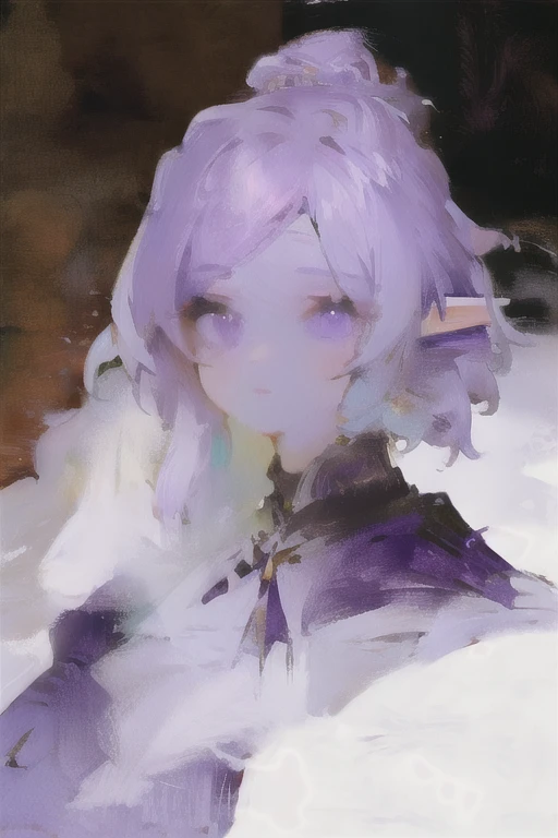 Elf girl with purple eyes, portrait, short hair, violet hair, long eyelashes