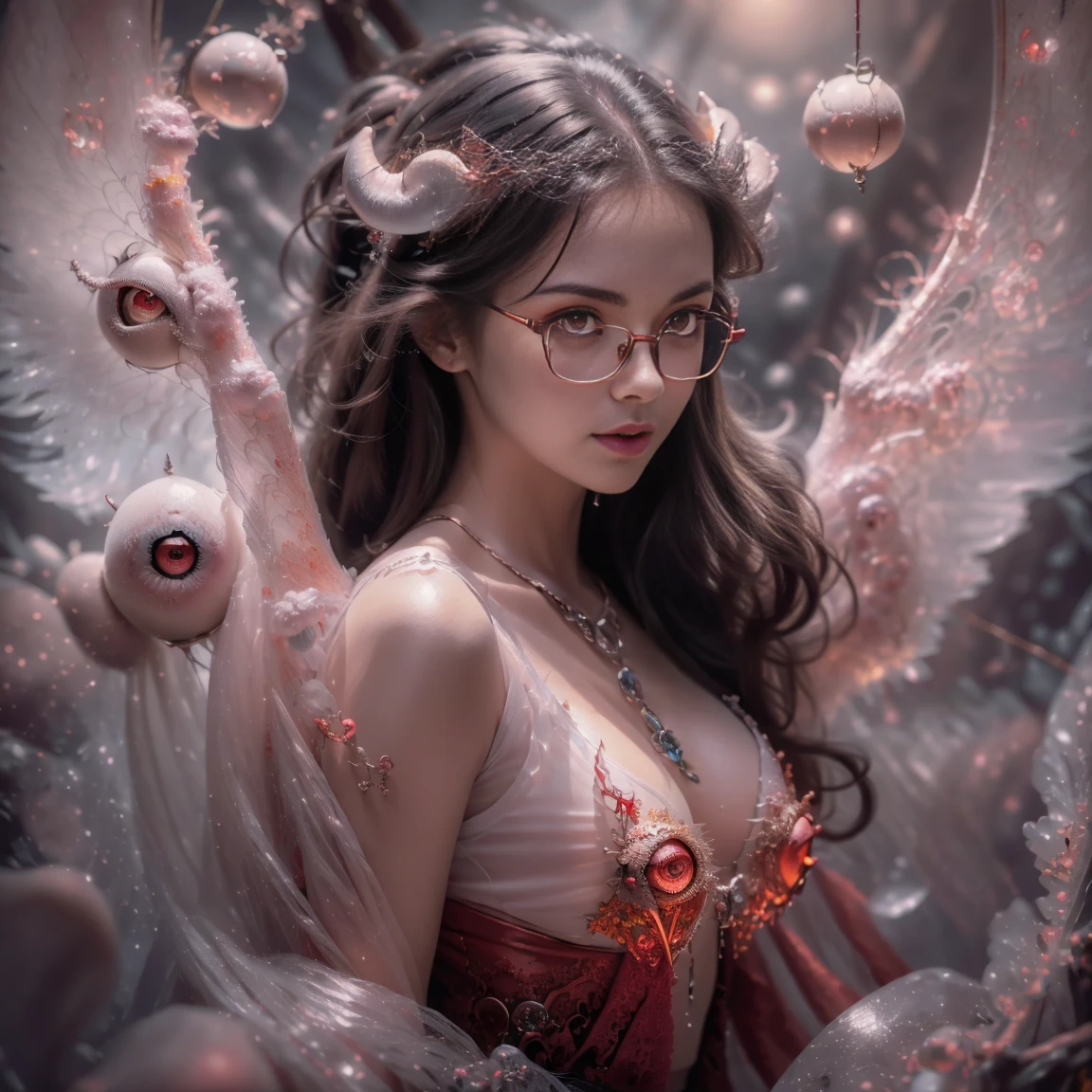 (The best illustrations)、realisitic、ultra-detailliert、The best lighting、Best Shadows、alluring succubus, ethereal beauty, perched on a cloud, (fantasy illustration:1.3), enchanting gaze, captivating pose, delicate wings, otherworldly charm, mystical sky, (Luis Royo:1.2), (Yoshitaka Amano:1.1), Dungeon and Dragon、caves、Dungeon、 A Necromancer、natta、Dark style、Succubus、Devil's Daughter、Bat Wings，(((Demon Hornlack-rimmed round glasses))))、(red eyes glowing:1.6)、​beautiful countenance、Tindall Effect、(High Detail Skins:1.2) absurderes、Ponytail distortion、jewely、Beautiful expression、Toned waist、Wide ????????、Tindall Effectmasuter piece、top-quality、Highest Standards、Top image quality、masutepiece、intricate detailes、High resolution、Depth Field、natural soft light、profetional lighting、Great smile、(High Detail Skin: 1.2)、photorealistic anime girl render、Strong highlights of the eyes、Perfect ???????、?????? open、Shy、Spreading your legs、Panties are visible、Skirt flipping、Body shiny with oilerectile ??????))、8K resolution、intricate clothing、Intricate details