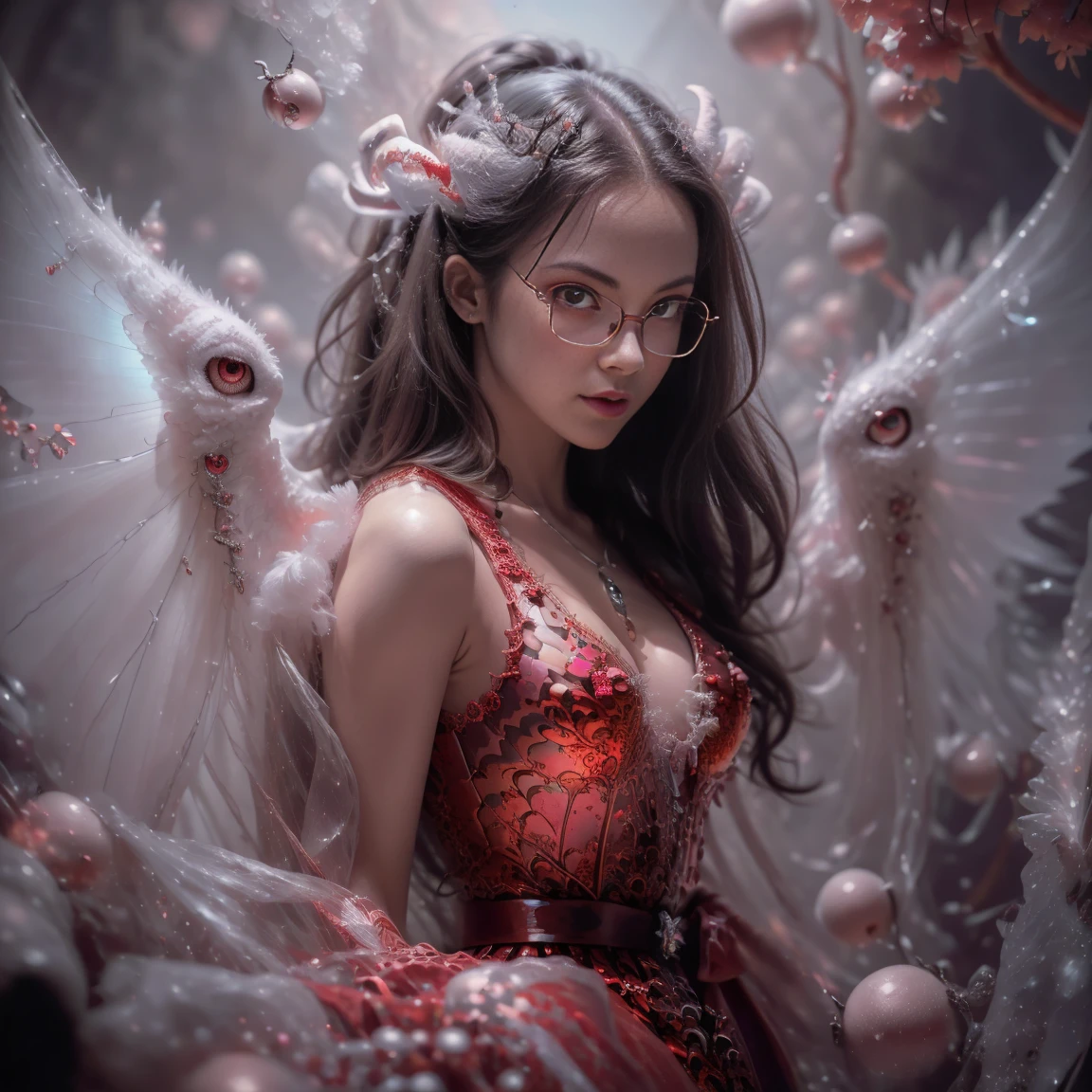 (The best illustrations)、realisitic、ultra-detailliert、The best lighting、Best Shadows、alluring succubus, ethereal beauty, perched on a cloud, (fantasy illustration:1.3), enchanting gaze, captivating pose, delicate wings, otherworldly charm, mystical sky, (Luis Royo:1.2), (Yoshitaka Amano:1.1), Dungeon and Dragon、caves、Dungeon、 A Necromancer、natta、Dark style、Succubus、Devil's Daughter、Bat Wings,(((Demon Hornlack-rimmed round glasses))))、(red eyes glowing:1.6)、beautiful countenance、Tindall Effect、(High Detail Skins:1.2) absurderes、Ponytail distortion、jewely、Beautiful expression、Toned waist、Wide buttocks、Tindall Effectmasuter piece、top-quality、Highest Standards、Top image quality、masutepiece、intricate detailes、High resolution、Depth Field、natural soft light、profetional lighting、Great smile、(High Detail Skin: 1.2)、photorealistic anime girl render、Strong highlights of the eyes、Perfect Anatomy、crotch open、Shy、Spreading your legs、Panties are visible、Skirt flipping、Body shiny with oilerectile nipple))、8K resolution、intricate clothing、Intricate details