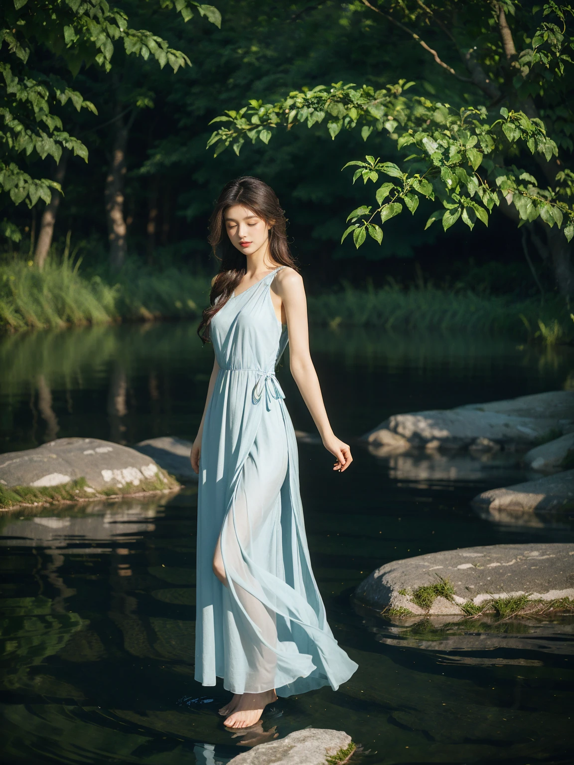 Create a realistic image of a beautiful young woman standing on the edge of a tranquil lake in the early morning, surrounded by misty mountains and lush green trees. She has shoulder-length, wavy brown hair and wears a flowing, elegant blue dress made of soft chiffon fabric. The dress features delicate lace details and a high slit, revealing her bare feet as she stands gracefully on a wooden pier.The woman is holding a bouquet of wildflowers in one hand, her other hand gently touching her hair. She gazes into the distance with a serene and contemplative expression, the soft morning light illuminating her face and casting a subtle glow on the scene. The water is calm, with gentle ripples reflecting the surrounding nature.The atmosphere is peaceful and ethereal, with soft, diffused lighting and a slight haze from the morning mist. Include natural elements such as dew on the leaves, reflections in the water, and a faint, dreamy bokeh effect in the background to enhance the realistic and serene ambiance.