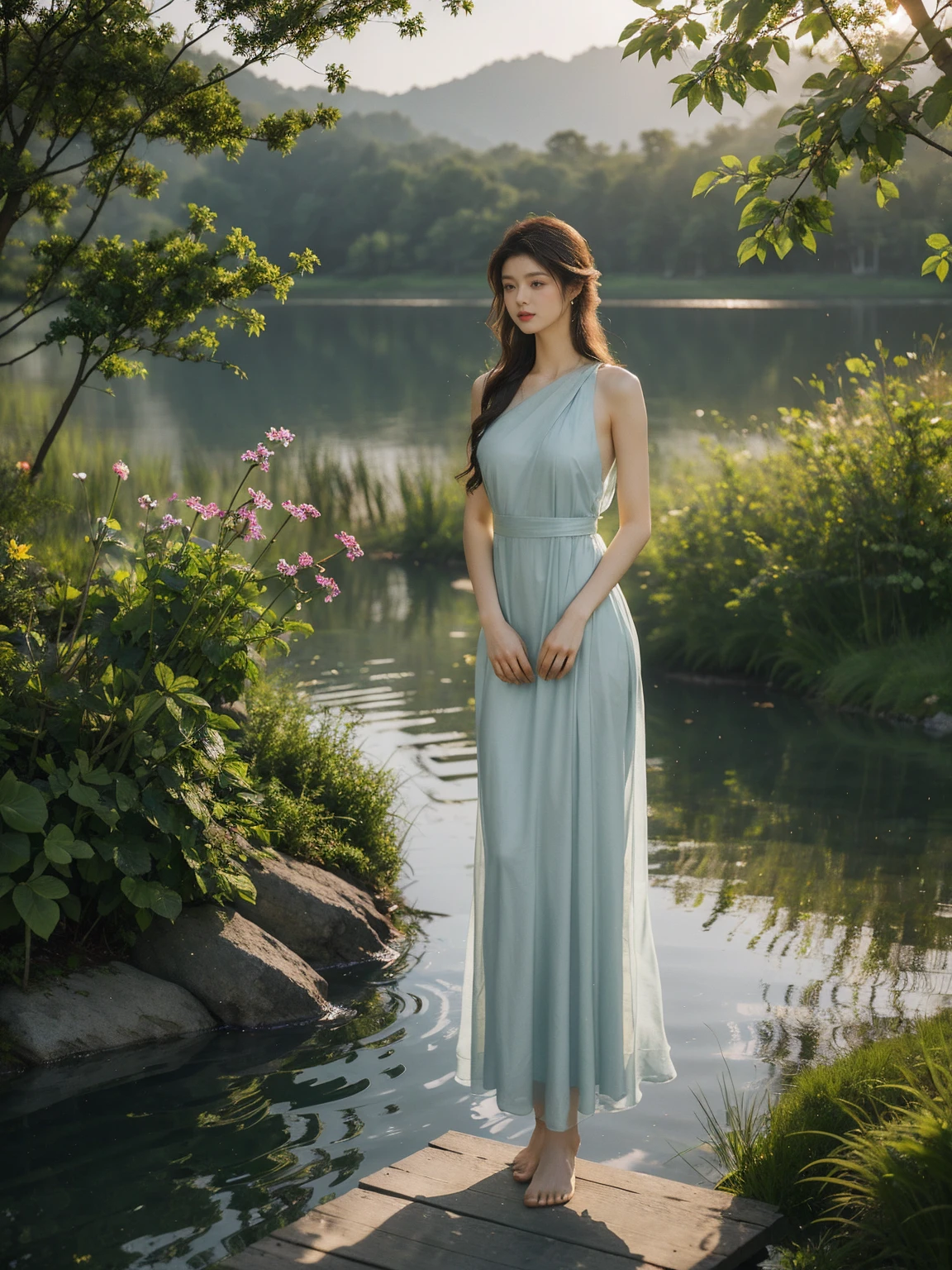 Create a realistic image of a beautiful young woman standing on the edge of a tranquil lake in the early morning, surrounded by misty mountains and lush green trees. She has shoulder-length, wavy brown hair and wears a flowing, elegant blue dress made of soft chiffon fabric. The dress features delicate lace details and a high slit, revealing her bare feet as she stands gracefully on a wooden pier.The woman is holding a bouquet of wildflowers in one hand, her other hand gently touching her hair. She gazes into the distance with a serene and contemplative expression, the soft morning light illuminating her face and casting a subtle glow on the scene. The water is calm, with gentle ripples reflecting the surrounding nature.The atmosphere is peaceful and ethereal, with soft, diffused lighting and a slight haze from the morning mist. Include natural elements such as dew on the leaves, reflections in the water, and a faint, dreamy bokeh effect in the background to enhance the realistic and serene ambiance.