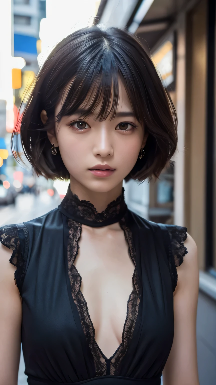 (Ultra-realistic), (figure), (High resolution), (8k), (Very detailed), (Best figure), (Beautiful and detailed), (Highest quality), (Super detailed), (masterpiece), (wallpaper), (Detailed face), alone, One Girl, watching viewer, Trendy clothes,Less exposure、Fine details, Detailed face, In the Dark, Deep Shadow, Modest, Pure Erotic Face Ace_v1, cool, short hair, Pointed diagonal bangs,Aoyama Street