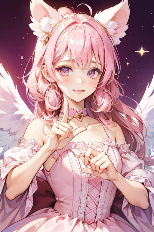 A pink gummy girl bear Num with a basic winking expression and a muzzle. She is glittery all over, along with her ears. She has a basic angel ring on her head along with heart-shaped angel wings behind her.  SPARKLE; GLITTER