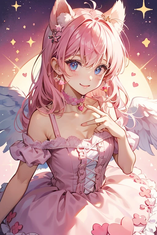 A pink gummy girl bear Num with a basic winking expression and a muzzle. She is glittery all over, along with her ears. She has a basic angel ring on her head along with heart-shaped angel wings behind her. SPARKLE; GLITTER