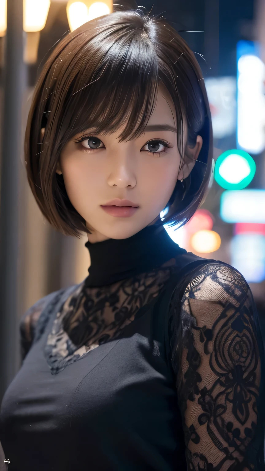 (Ultra-realistic), (figure), (High resolution), (8k), (Very detailed), (Best figure), (Beautiful and detailed), (Highest quality), (Super detailed), (masterpiece), (wallpaper), (Detailed face), alone, One Girl, watching viewer, Trendy clothes，Less exposure、Fine details, Detailed face, In the Dark, Deep Shadow, Modest, Pure Erotic Face Ace_v1, cool, short hair, Pointed diagonal bangs，Aoyama Street