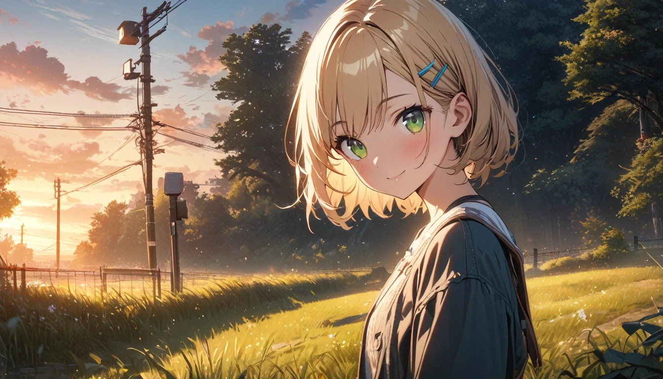 one girl, blonde short hair and bob hair、a braid, I tied my hair in a bun with a hair clip..、smile、beautiful green eyes, gentle smile on her face、flat chest, one Beautiful girl,((masterpiece, illustration, best quality) ((ultra-detailed)), looking at viewer ,outdoors, grass, sky, scenery, cloud, solo, power lines, tree, sunset, utility pole, skirt, shoes, cloudy sky, long sleeves, blue sky, fence, wide shot, day, young adult woman, very close to viewer, 濃い青とBeautiful Blueのグラデーション, High resolution, 8K HD detail, hyper-detail, cinematic, surrealism, soft light, deep field focus bokeh, ray tracing and surrealism. --v6