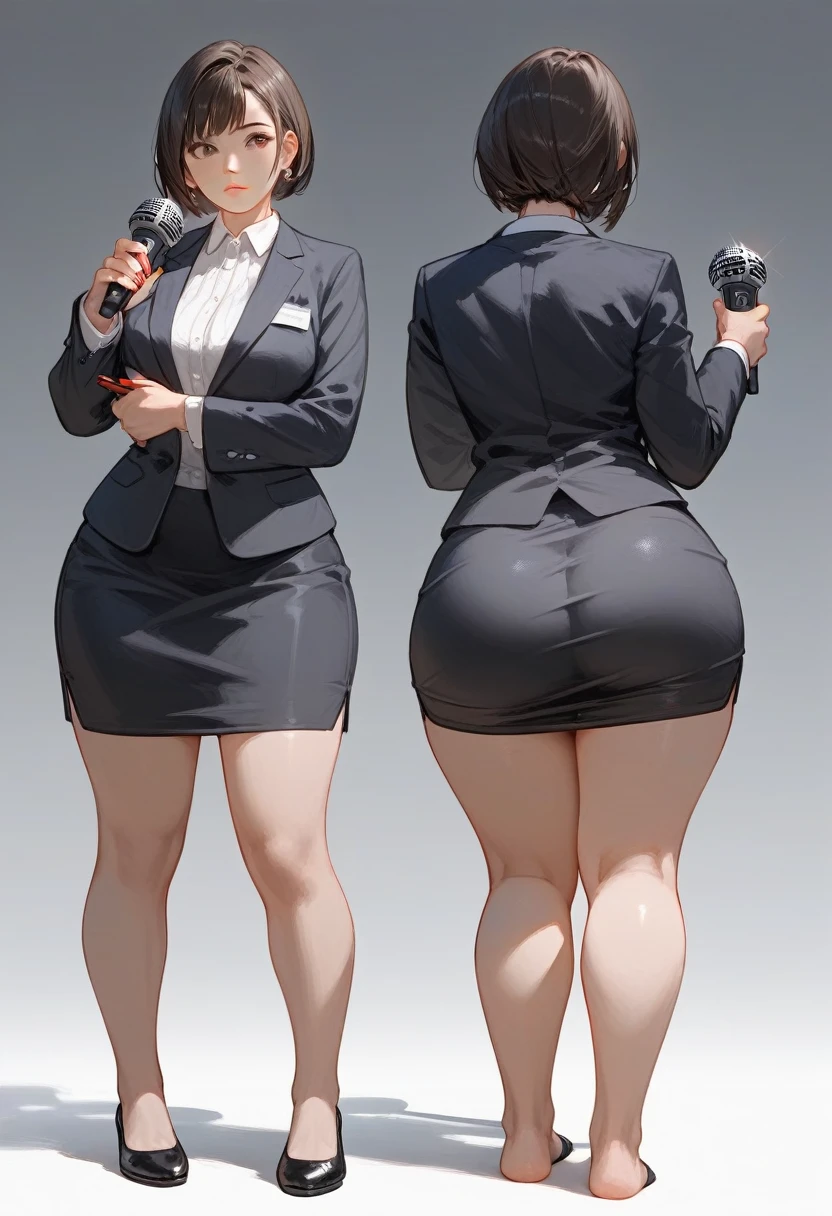 (score_9,score_8_up,score_7_up) 1lady asian, solo, mature female, (black short hair), bob hairstyle, bangs, almond eyes, (suit), tight black blazer, (tight pencil_skirt), blank expression, pale, ((thick thighs)) ((flatshoes, black footwear)) ((wide hips)) standing upright, full body shown, holding microphone, news reporter, busty, thick legs, thick thighs pressed together, asian woman, hourglass bodyfigure, staring at camera, asian details, facing forward, detailed face, staring, side view, plump butt,1boy, business man standing right behind the woman, his crotch is rubbing against her butt, buttjob
