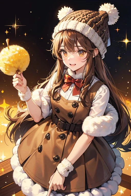 A brown gummy girl bear with a basic expression and a muzzle. She is glittery all around her body. She wears a chestnut brown knitted winter hat adorned with a sandy yellow bow on the pom-pom SPARKLE; GLITTER