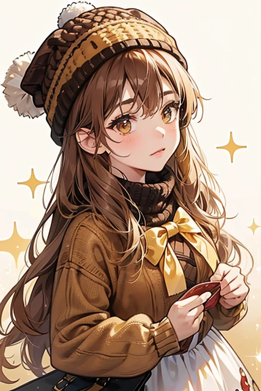A brown gummy girl bear with a basic expression and a muzzle. She is glittery all around her body. She wears a chestnut brown knitted winter hat adorned with a sandy yellow bow on the pom-pom SPARKLE; GLITTER