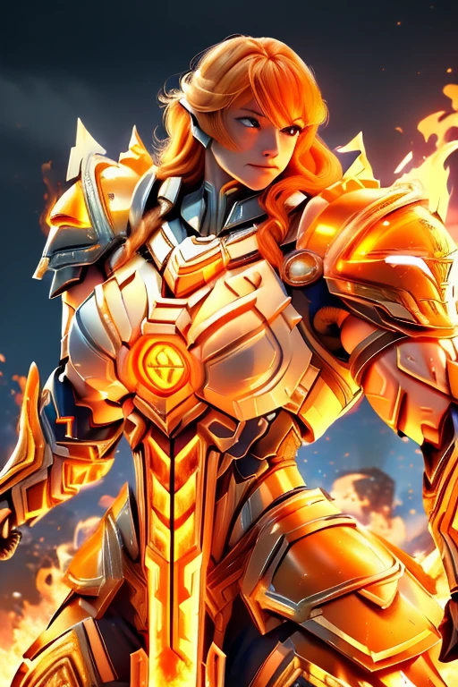 (((Massive, tall, beautiful, buff, muscular, pale white skinned female Valkyrie with orange hair, ginormous bulky muscles, holding a fire sword and wearing an all orange gleaming Valkyrie armor and pleated skirt))), ((close-up)), black eyeliner, massive muscles, massive biceps, hyper muscle triceps, (long shaggy hair), green eyes, valkyrie boots, In heaven, steel Valkyrie armor, armor breastplate, nighttime, confident smile, (hyper muscles arms), hyper muscle legs, (ginormous arms)