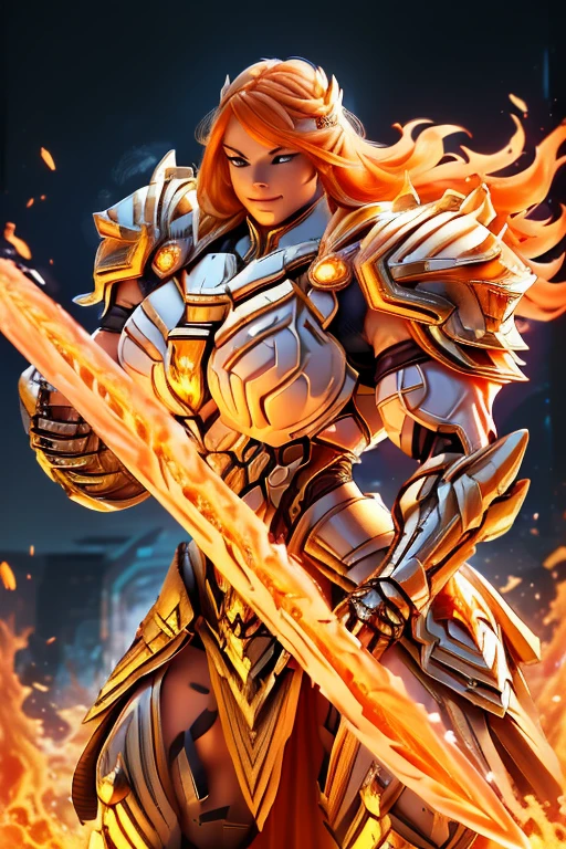 (((Massive, tall, beautiful, buff, muscular, pale white skinned female Valkyrie with orange hair, ginormous bulky muscles, holding a fire sword and wearing an all orange gleaming Valkyrie armor and pleated skirt))), ((close-up)), black eyeliner, massive muscles, massive biceps, hyper muscle triceps, (long shaggy hair), green eyes, valkyrie boots, In heaven, steel Valkyrie armor, armor breastplate, nighttime, confident smile, (hyper muscles arms), hyper muscle legs, (ginormous arms)