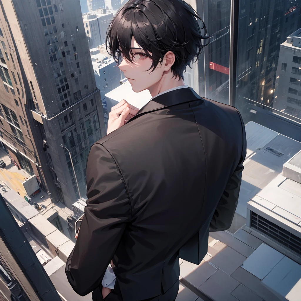 1boy, black hair, blindfolded, wearing all black suits, on top of a building, crying, high res, ultrasharp, 8k, masterpiece, looking at viewer from behind