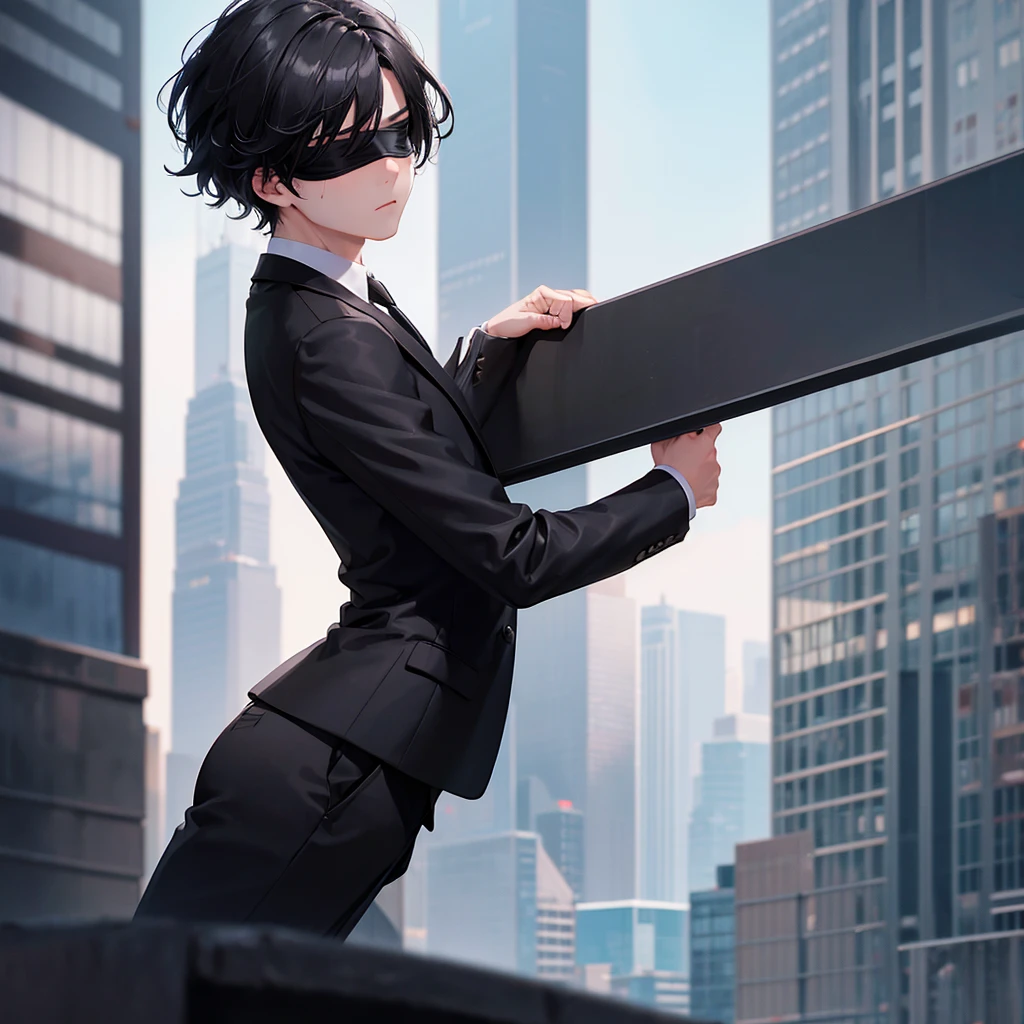 1boy, black hair, blindfolded, wearing all black suits, on top of a building, crying, high res, ultrasharp, 8k, masterpiece, looking at viewer from behind