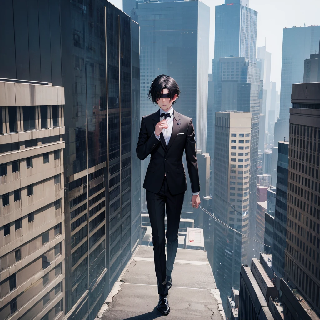 1boy, black hair, blindfolded, wearing all black suits, on top of a building, crying, high res, ultrasharp, 8k, masterpiece, looking at viewer from behind