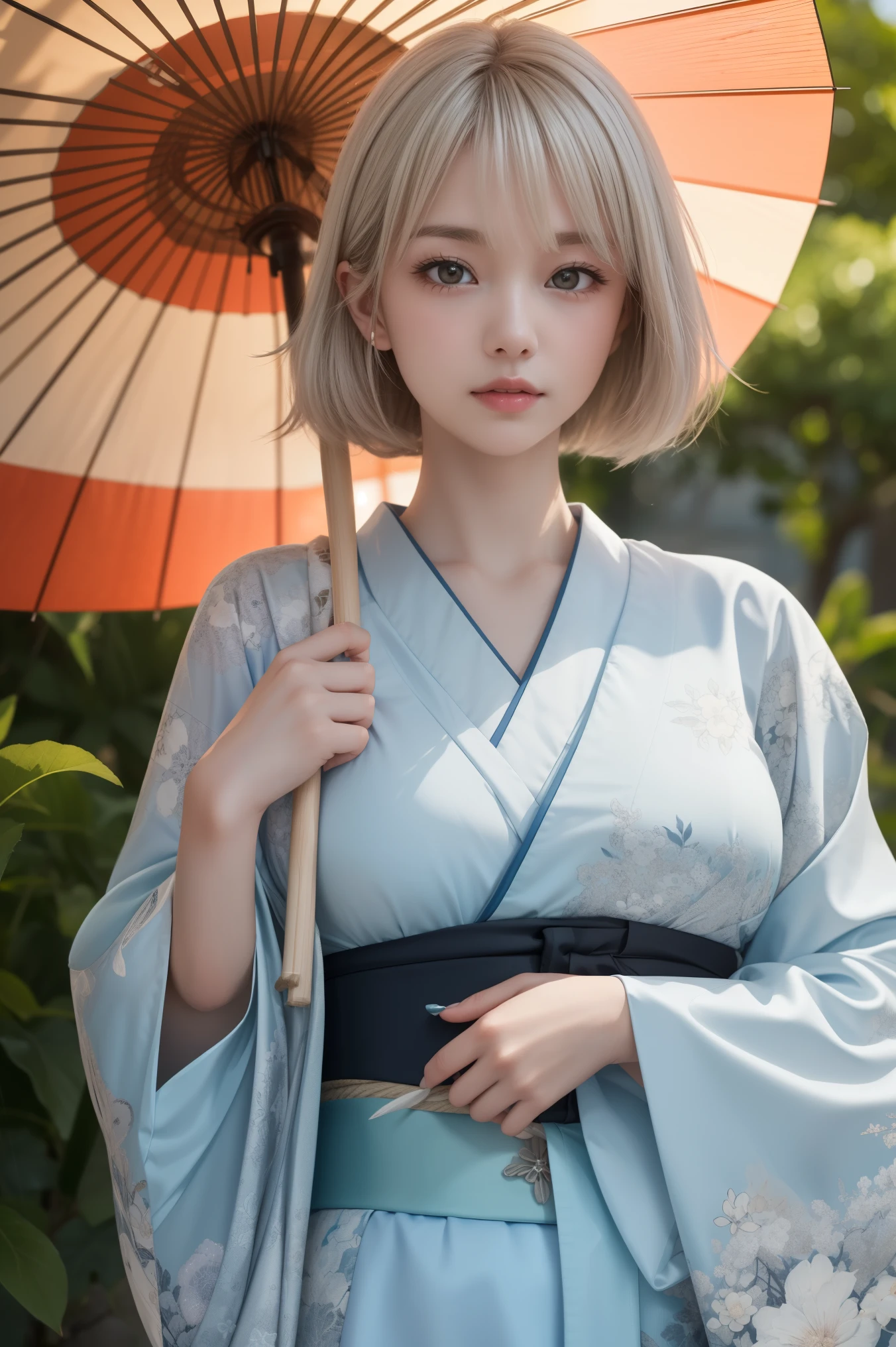 reflected light、Platinum blonde hair with dazzling highlights、Shiny Hair、beautiful shiny bangs、bright, clear, Charm, large blue eye、A very beautiful, adorable and cute 16 year old girl.、Ample Bust、Beautiful detailed eye、 Beautifully detailed nose,((whole body:1.5)),eyeを強調するメイク、Scattered beneath the surface、Glamorous details、Nature background、Super huge breasts、((Cinematic))、(Loose and fluffy perm:1.4)、1 girl、((Bob Hair:1.3))、超Genuineな8K CG、絵に描いたようなperfectionなperfectionな顔、perfection、clean、masterpiece、Professional artwork、 Famous works of art、perfectionな顔、Beautiful Face、美しいeyeのない女性の体))、alone、(Immersive atmosphere、Claire Obscure:1.5、bright light:1.2、bright lighting)、(blush:0.5)、Captivating look、Very detailed_eye、Beautifully detailed backgrounds、Written boundary depth、Genuine:1.3、Long Shot、whole body、(Zhou Haoguang:1.3)、(Cinematic composition:1.3)、(Puffy eye:1.2)、(Slim legs)、(Light on face and chest)、(((((Underbust)))))、Under the chest、Oily skin、thin、 Mature Woman、Light blue hair、((bright灰色の髪))、(((Two-tone hair)))、Slender women、Cute Woman、 8K Ultra HD,Detailed face、Delicate texture, ((Japanese clothing style))、((Girl in kimono))、((A girl holding an umbrella))、((Wear a Japan kimono))、(At dusk)、(shrine)、Holding an umbrella、(Kimono Beauty)、It's very interesting