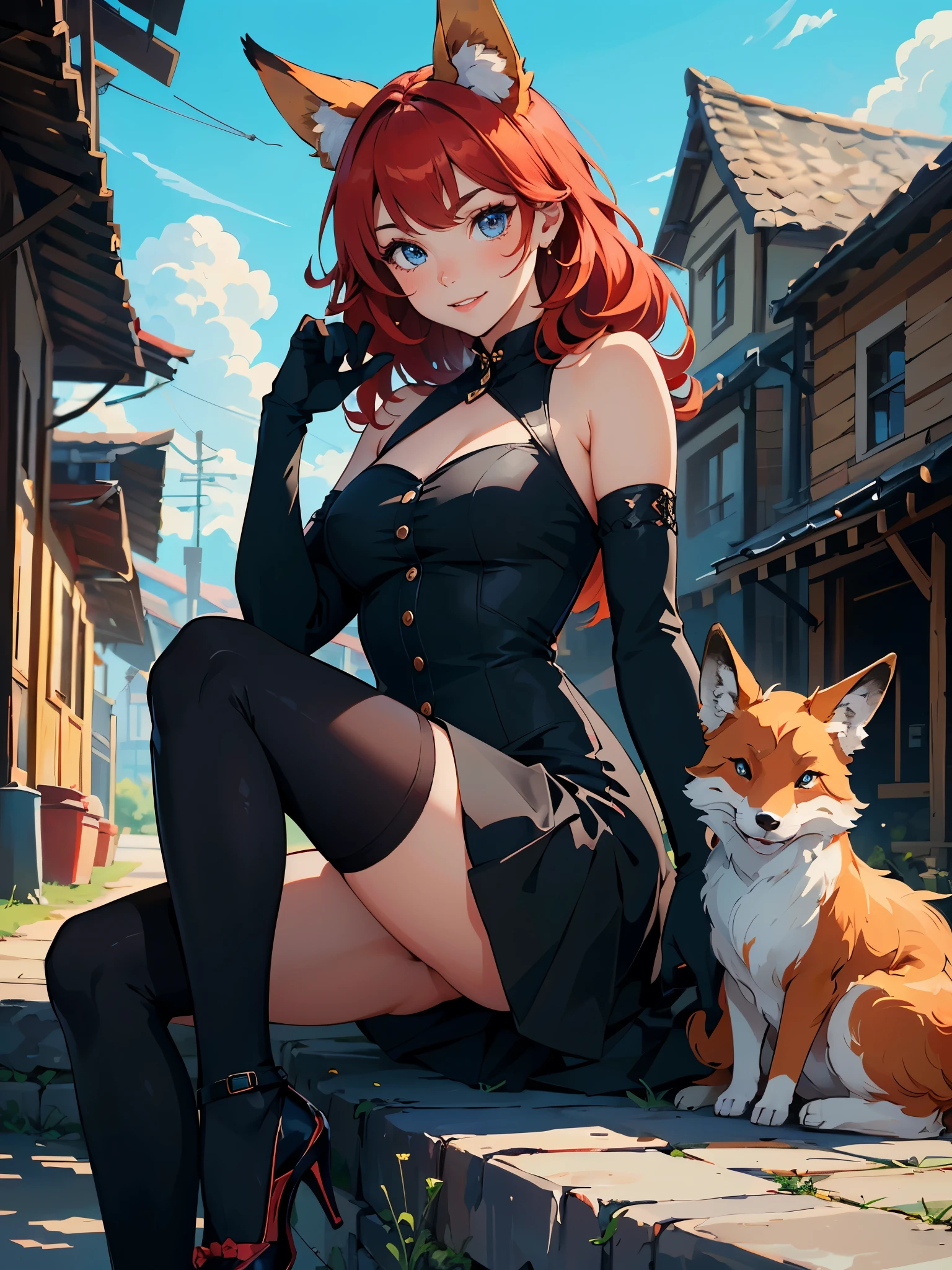 A cute 21-year-old fox girl with blue eyes, long red hair, fox ears, and a fox tail. She is cheerful, very kind, friendly, and happy. Her hair is styled to match her outfit, with subtle makeup. She is wearing a tight black dress, black elbow gloves, black tights, and high heels. She is sitting and posing at a beautiful location. (quality: 10, detail: 10, background detail: 10, Masterpiece 1.4, Ultra-detailed, High resolution, 8K, Photorealistic, Intricate details, Sharp focus, Vivid colors, Professional lighting, Award-winning, Highly detailed, Cinema quality, Beautiful composition)