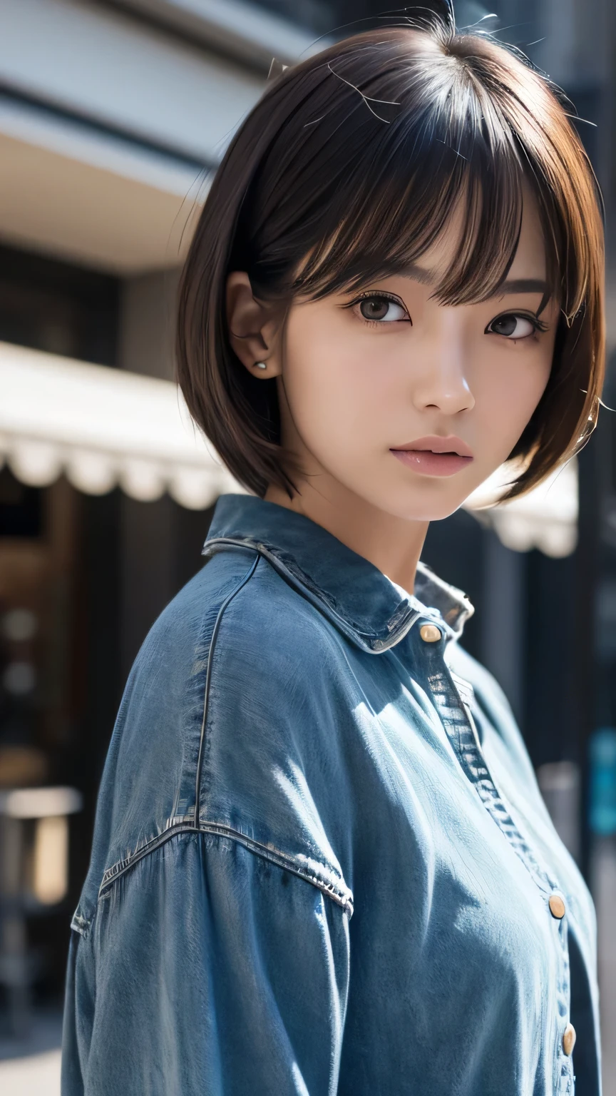 (Ultra-realistic), (figure), (High resolution), (8k), (Very detailed), (Best figure), (Beautiful and detailed), (Highest quality), (Super detailed), (masterpiece), (wallpaper), (Detailed face), alone, One Girl, watching viewer, Trendy clothes，Less exposure、Fine details, Detailed face, In the Dark, Deep Shadow, Modest, Pure Erotic Face Ace_v1, cool, short hair, Pointed diagonal bangs，Aoyama Street