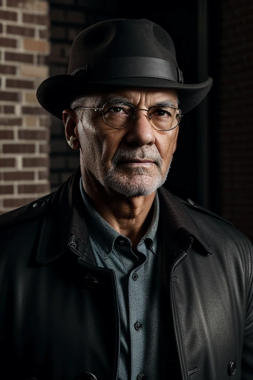 A detective from the year 2000, 68 years old, in New York City, detailed realistic portrait, sharp focus, cinematic lighting, realistic skin textures, intricate details, high-quality, photorealistic, dramatic, brooding expression, wearing a trenchcoat, holding a magnifying glass, standing in front of a brick wall, urban setting, gritty, moody, warm color tones
