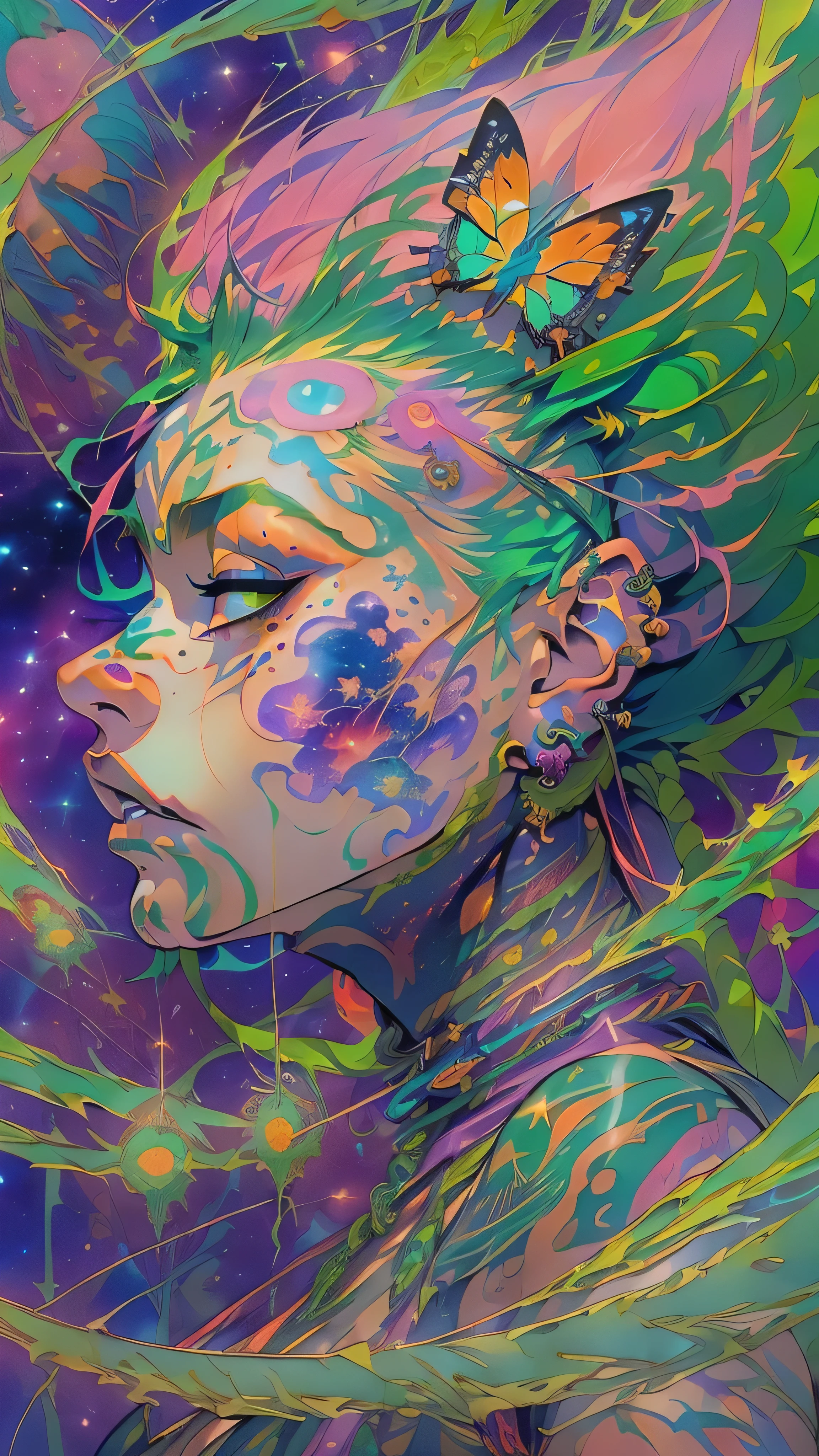 (NSFW:1.3), (masterpiece, top quality, best quality, official art, beautiful, cosmic, atmospheric, psychedelic, dreamlike and aesthetic:1.2), (1girl, green punk rock mohawk hair, tons of tattoos and piercings, super huge enormously gigantic tits), extreme detailed,(fractal art:1.3),colorful,highest detailed, cherry blossoms and butterflies blowing in the wind
