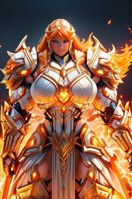 (((Massive, tall, beautiful, buff, muscular, pale white skinned female Valkyrie with orange hair, ginormous bulky muscles, holding a fire sword and wearing an all orange gleaming Valkyrie armor and pleated skirt))), ((close-up)), black eyeliner, massive muscles, massive biceps, hyper muscle triceps, (long shaggy hair), green eyes, valkyrie boots, In heaven, steel Valkyrie armor, armor breastplate, nighttime, confident smile, (hyper muscles arms), hyper muscle legs, (ginormous arms)