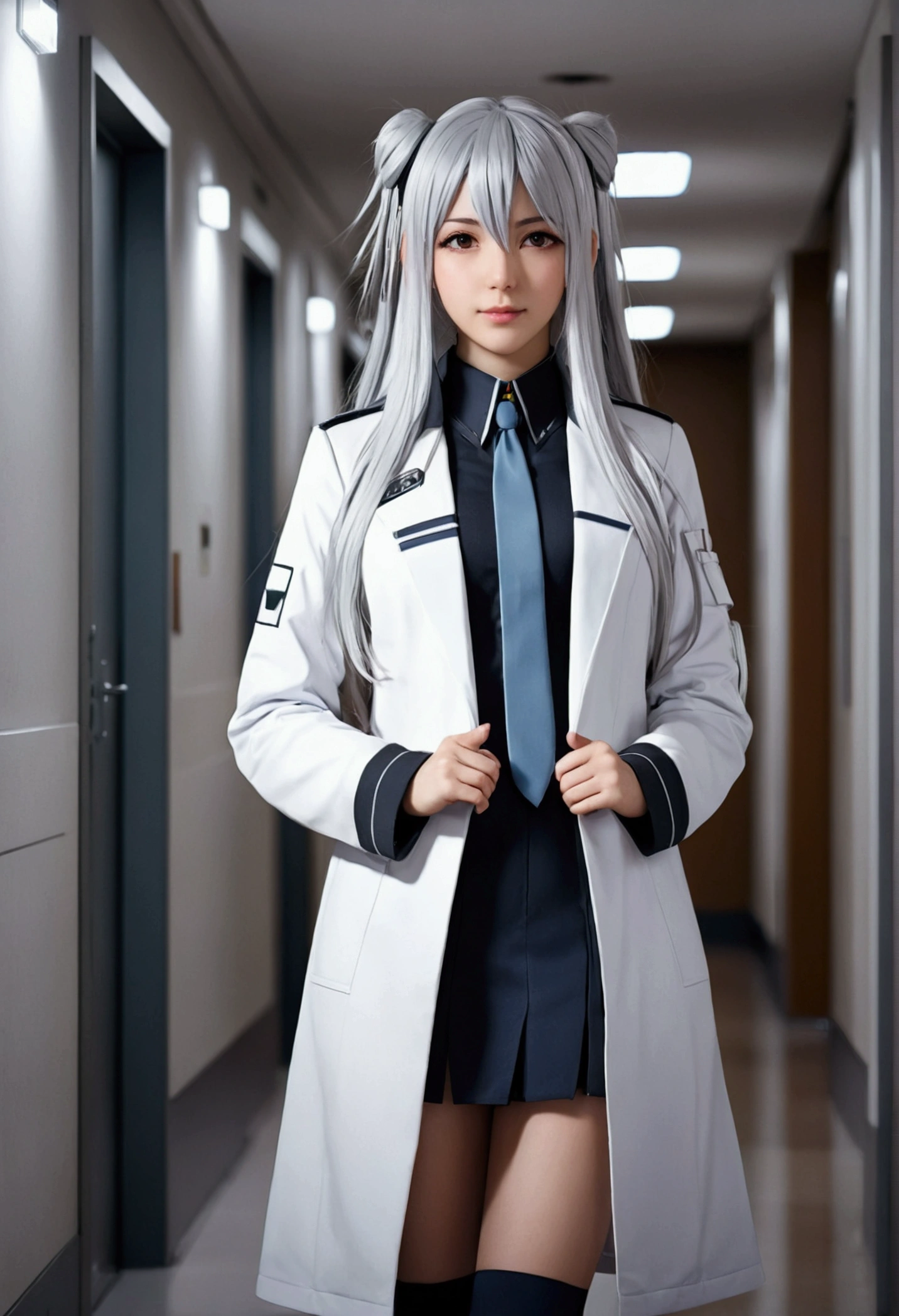 Anime girl with long hair and white coat standing in a hallway., girls frontline style, of frontline girls, de Arknights, portrait anime girl space cadet, cute anime girl, visual anime of a cute girl, silver hair girl, an anime girl, anime mecha aesthetic, anime aesthetic, beautiful animated portrait, anime girl portrait, cute anime girl, beautiful anime girl