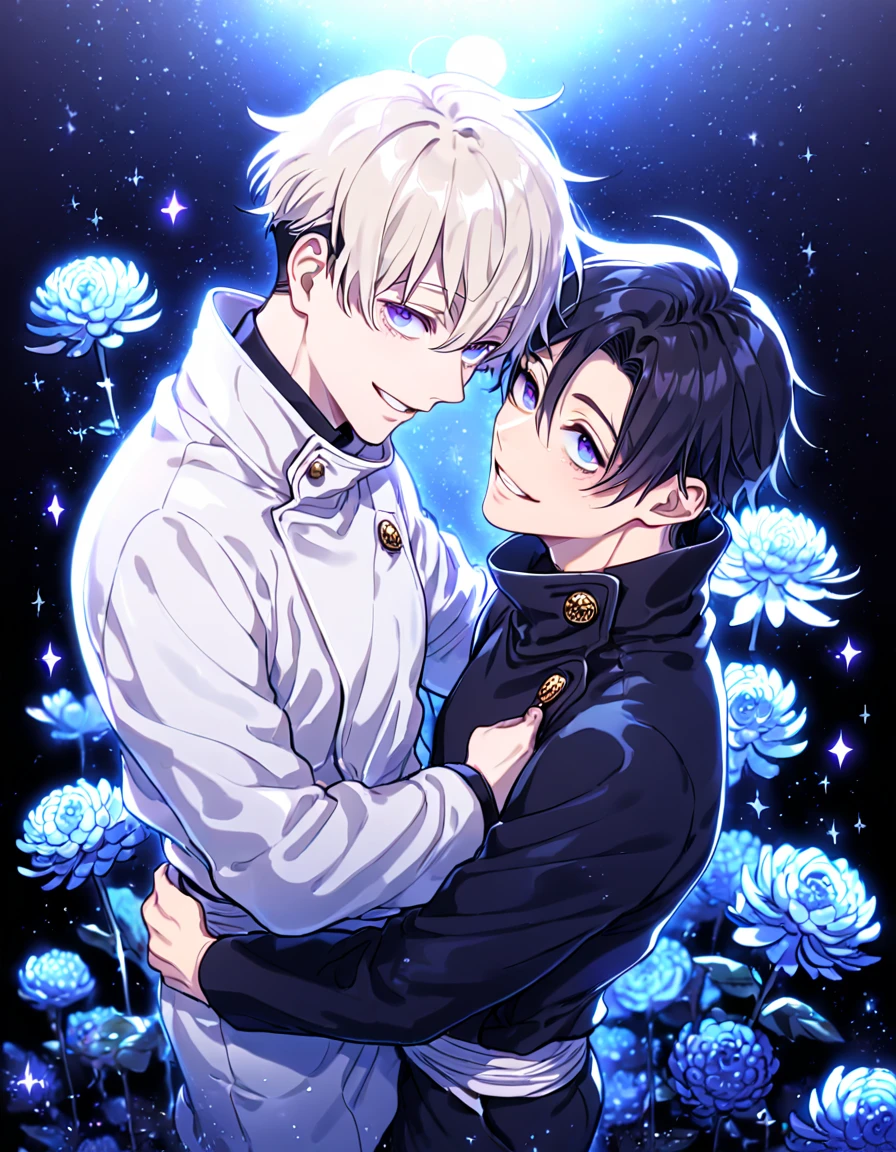 absurdres, highres, ultra detailed, HDR, master piece, best quality, extremely detailed, Okkotsu Yuuta, black hair, expressive blue eyes, Jujutsu Kaisen, Inumaki Toge, platinum-blond hair, expressive purple eyes, two sexy men together, yaoi, gay couple, handsome, handsome smile, black uniform with high collar, white uniform, fantasy, water, sparkling, blue glittering fireflies, blue moon, blue blossoms, blue chrysanthemums, blue sparkling lights, starry sky