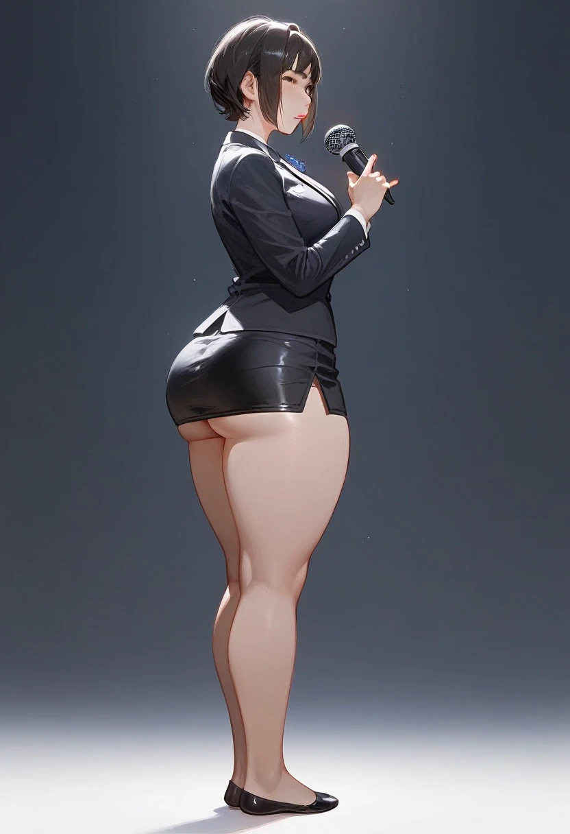 (score_9,score_8_up,score_7_up) 1lady asian, solo, mature female, (black short hair), bob hairstyle, bangs, almond eyes, (suit), tight black blazer, (tight pencil_skirt), blank expression, pale, ((thick thighs)) ((flatshoes, black footwear))  ((wide hips)) standing upright, full body shown, holding microphone, news reporter, busty, thick legs, thick thighs pressed together, asian woman, hourglass bodyfigure, staring at camera, asian details, facing forward, detailed face, staring, side view, plump butt,1boy, business man standing right behind the woman, his crotch is rubbing against her butt