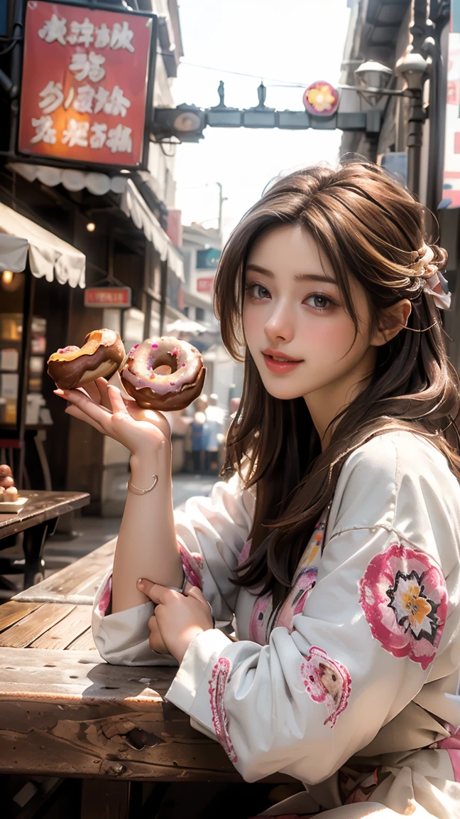 masterpiece, highest quality, Highest image quality, High resolution, photo realistic, Raw photo, wide shot, side view, full body photo, (girl eating a huge donuts in  huge donuts, girl eat a donuts, happy, donuts in hands, donuts in mouth, looking from donuts)