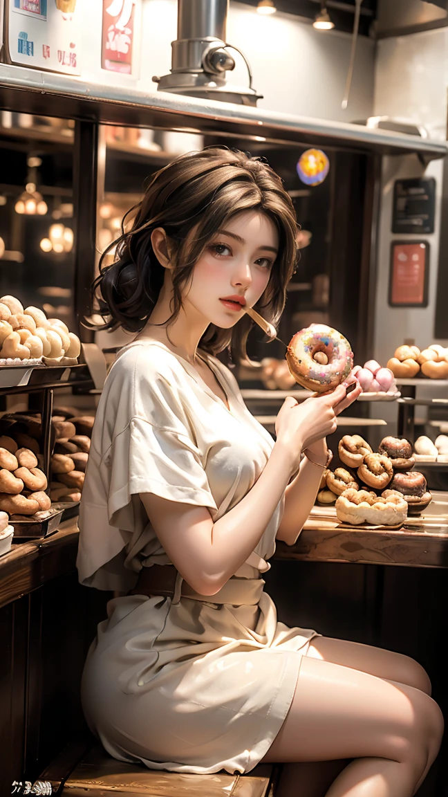 masterpiece, highest quality, Highest image quality, High resolution, photo realistic, Raw photo, wide shot, side view, full body photo, (girl eating a huge donuts in  huge donuts, girl eat a donuts, happy, donuts in hands, donuts in mouth, looking from donuts)